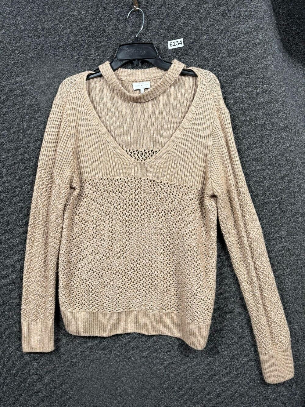 Lucky Brand Sweater Womens Large Tan Open Knit V Neck Mock Neck Cutout Pullover